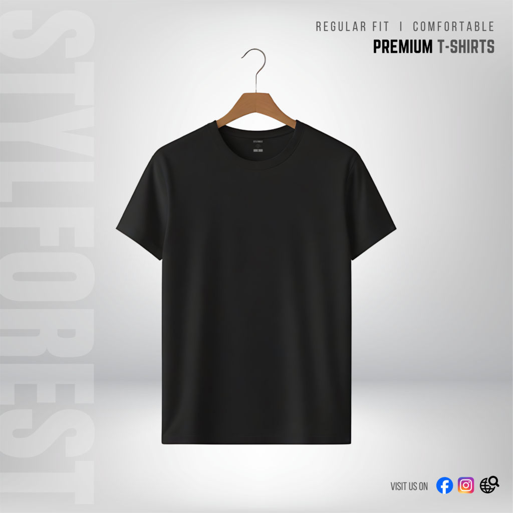 STYLFOREST Premium T-Shirt Black 180 GSM 100% Cotton